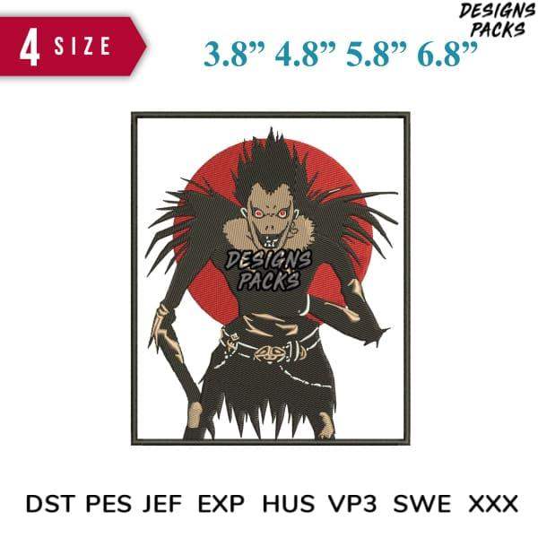 Embroidery design of a spiky-haired character with red eyes, available in multiple sizes and formats