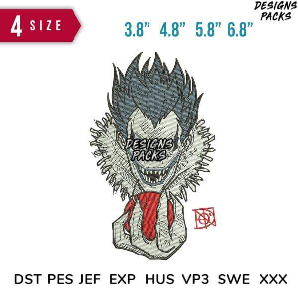 Embroidery design of spiky-haired character with red tongue, available in 4 sizes and multiple file formats