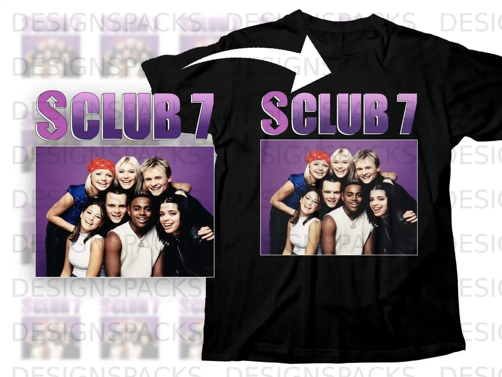 S Club 7 group photo on black t-shirt, front and back views.