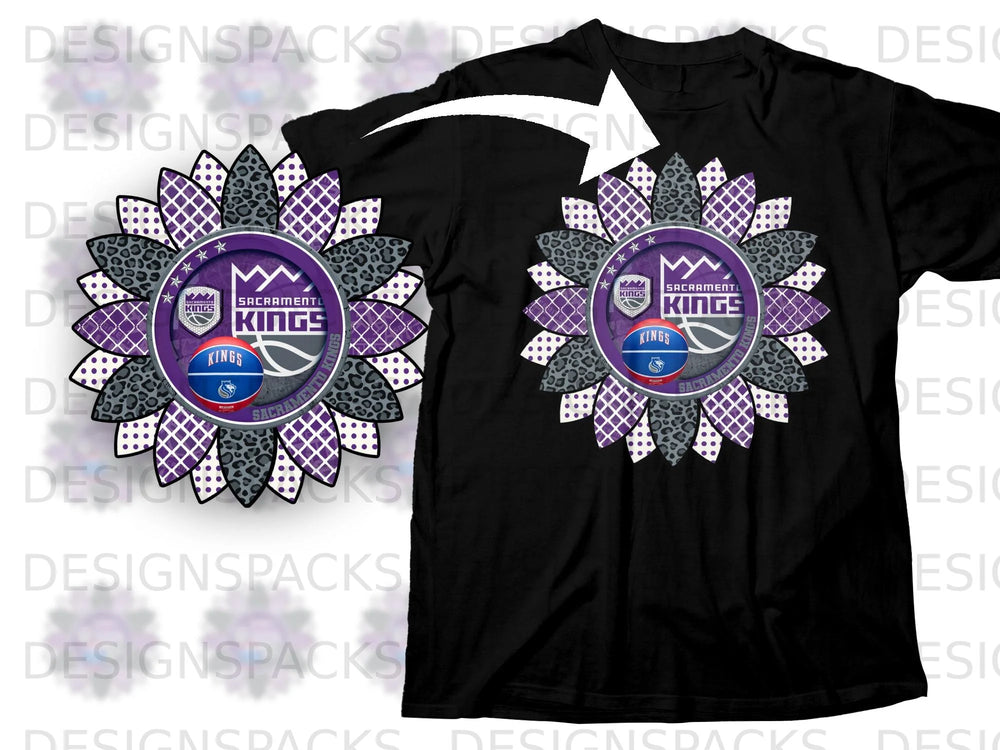Sacramento Kings sunflower design on a black t-shirt.