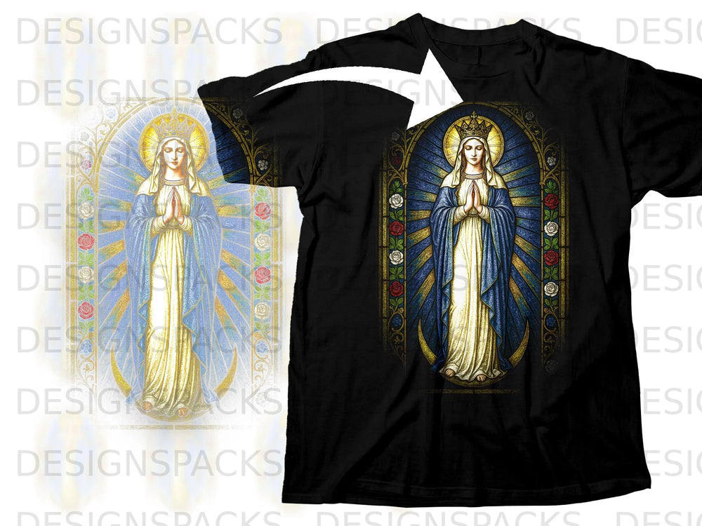 Black t-shirt with a stained-glass style print of the Virgin Mary.
