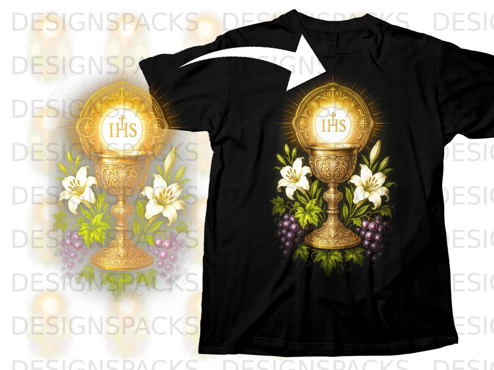 Black t-shirt with a golden chalice, host with IHS, lilies, and grapes graphic.