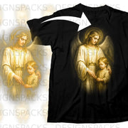 Black t-shirt with guardian angel protecting a child graphic.