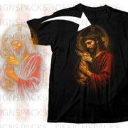 Jesus wearing a crown of thorns embraces a deer.