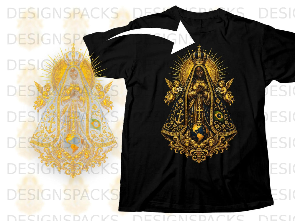 Black t-shirt with ornate gold religious design featuring a crowned figure, angels, and a globe.