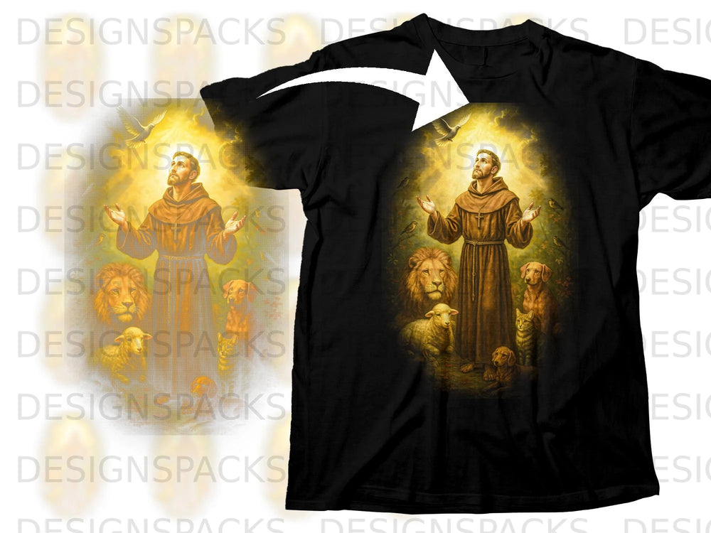 Saint Francis surrounded by animals with a dove above him.