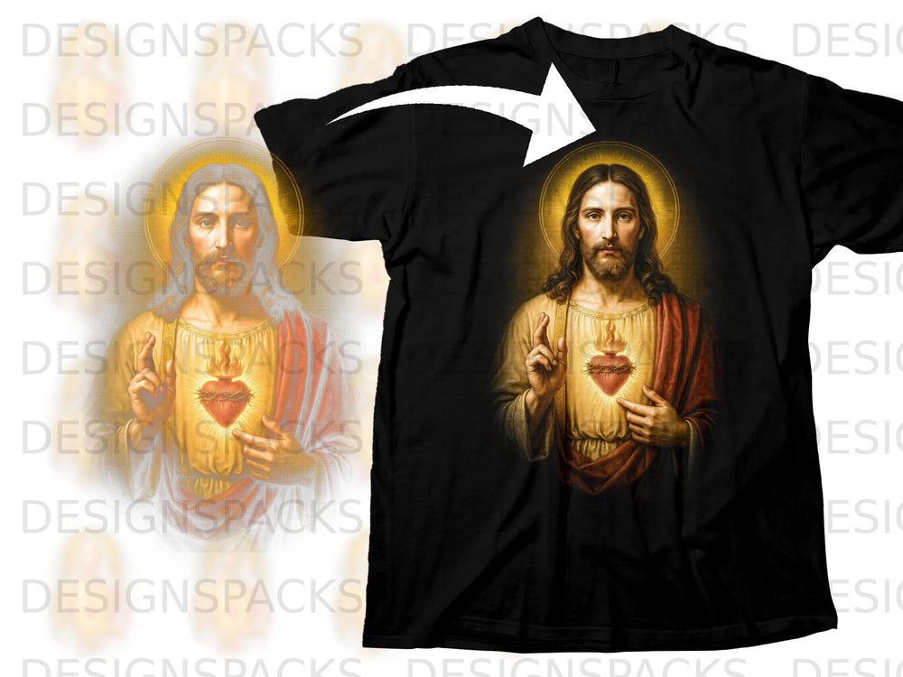 Black t-shirt featuring Sacred Heart of Jesus artwork with halo.