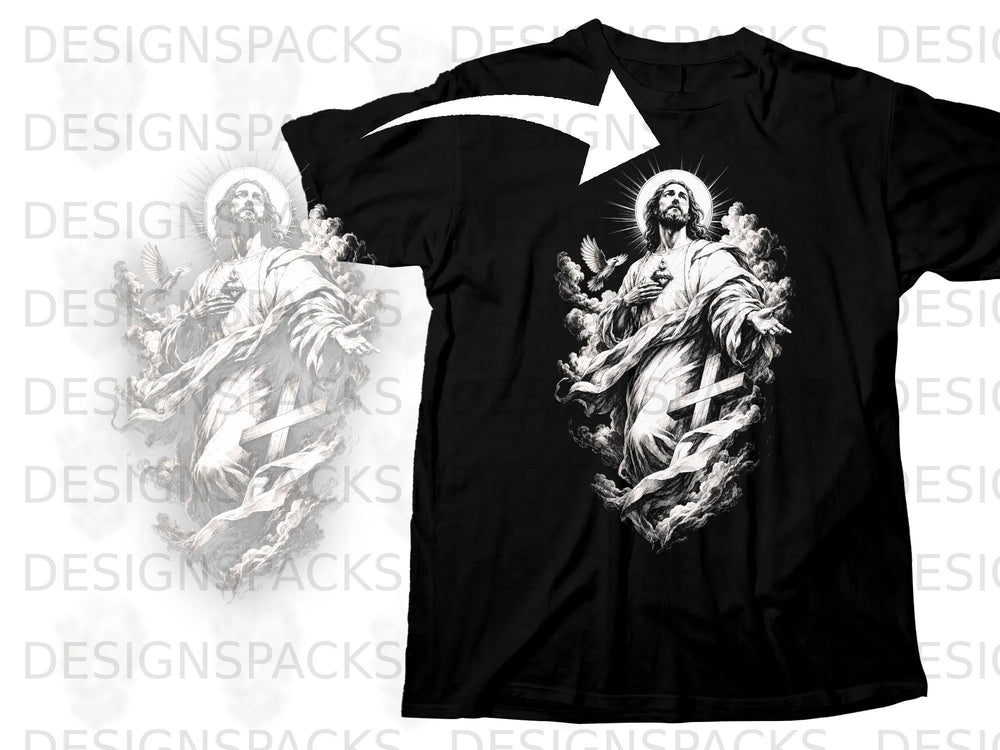 Black t-shirt with graphic of Jesus and a dove with a halo.