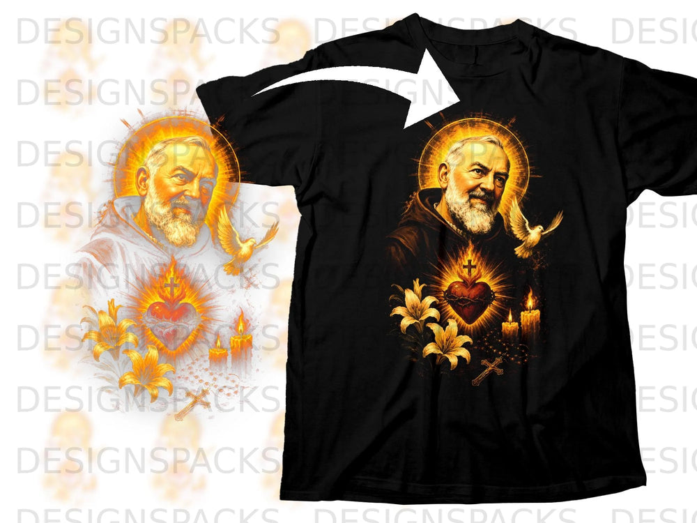 Black t-shirt with religious image of Padre Pio, Sacred Heart, doves, lilies, and candles.