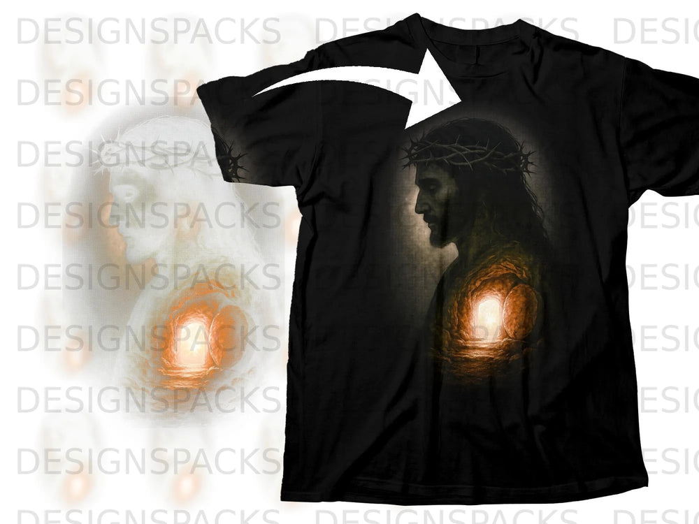 Black t-shirt featuring Jesus wearing a crown of thorns and a glowing cave opening.