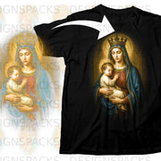 Madonna and child depicted on a black t-shirt with a golden halo and crown.