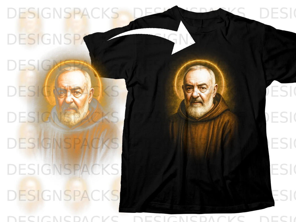 Black t-shirt with a portrait of Saint Padre Pio with a golden halo.