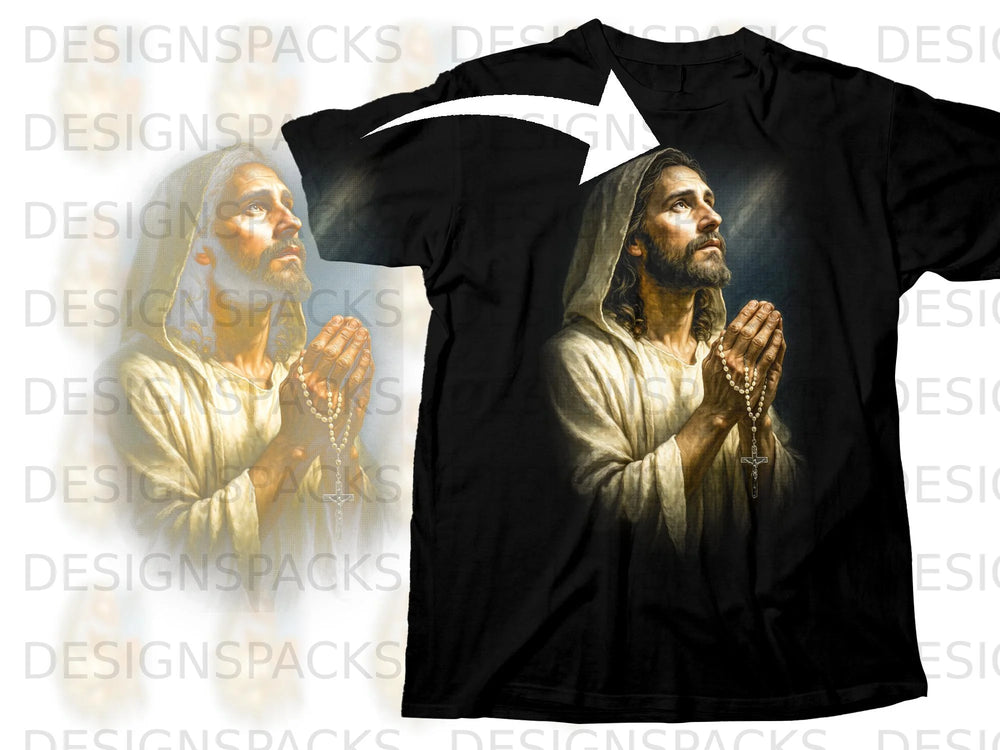 Black t-shirt with Jesus praying and holding rosary beads.