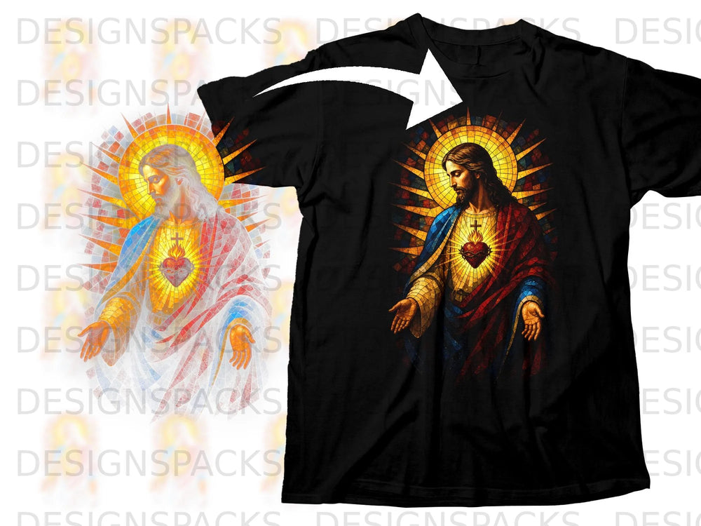 Black t-shirt with Sacred Heart of Jesus stained-glass design.