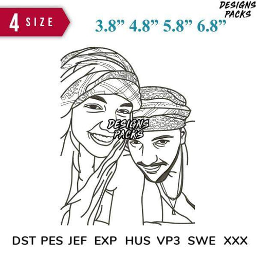 Print-ready embroidery design of smiling couple in turbans, 4 sizes, DST PES JEF formats