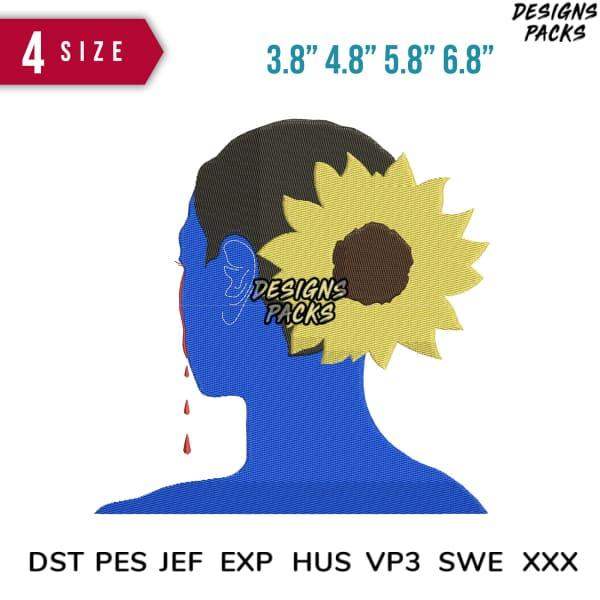 Blue silhouette with sunflower embroidery design, 4 sizes, DST PES JEF formats