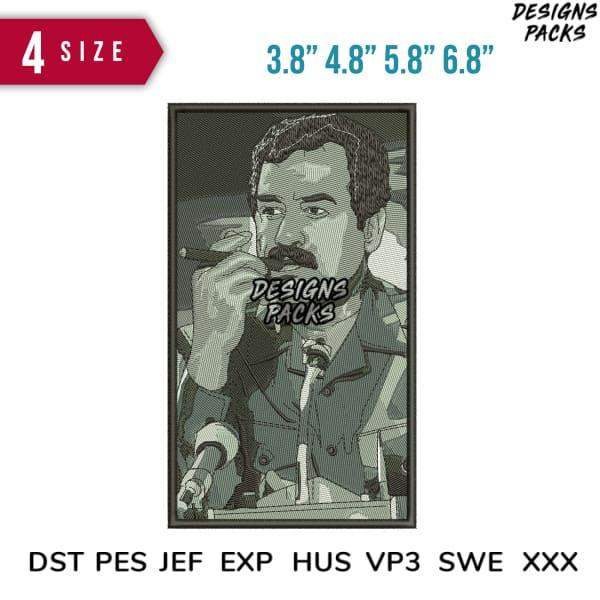 Embroidery design of man with mustache speaking at podium, available in 4 sizes & formats like PES, DST, EXP