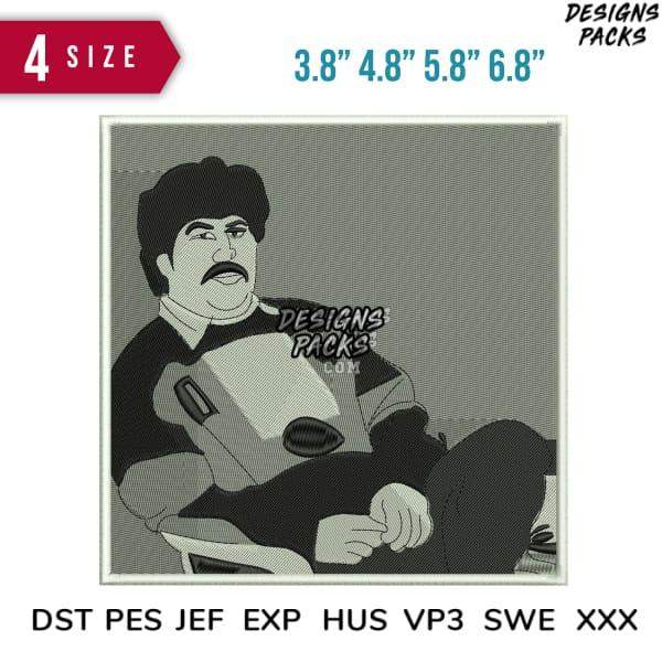 Embroidery design of cartoon man with mustache, 4 sizes, DST PES JEF formats, print-ready for apparel