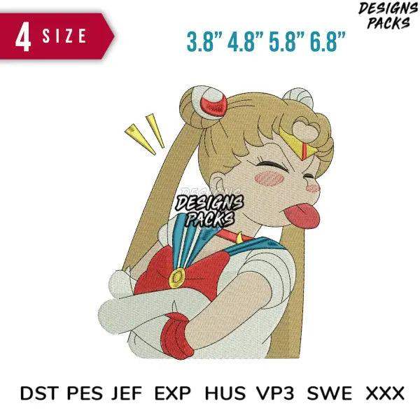 Sailor Moon embroidery design in 4 sizes, print-ready PES DST JEF formats for instant download