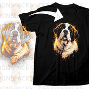 Black t-shirt with a watercolor-style Saint Bernard dog graphic and orange splatter effects.