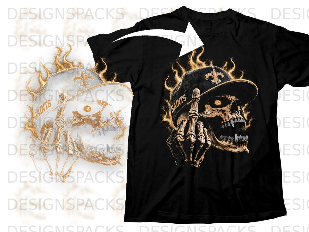 Black t-shirt with flaming skull wearing a Saints baseball cap, flipping the bird.
