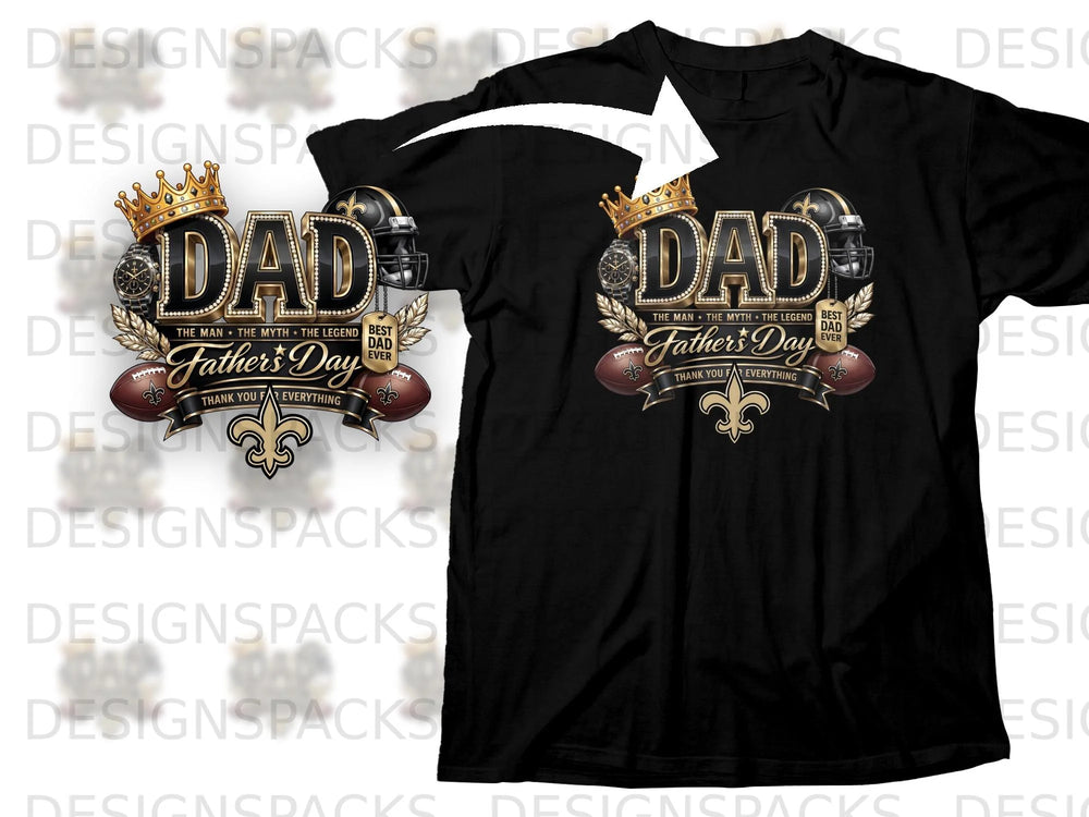 Black t-shirt features "Dad" graphic with crown, footballs, and "Father's Day" text.