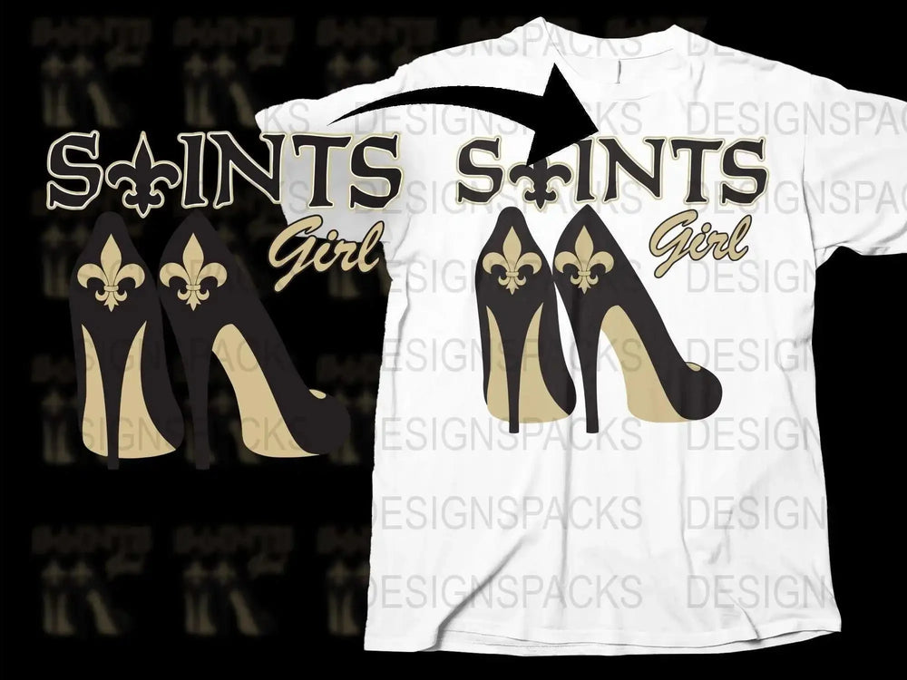 Saints Girl T-Shirt, Fleur-de-Lis High Heels Graphic Tee, Black and Gold Football Fan Apparel, Stylish Women's Fashion Top