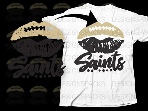 Graphic Lips T-Shirt, Saints Kiss Print, Modern Black and Gold Design, Stylish Casual Wear, Unisex Fashion Top