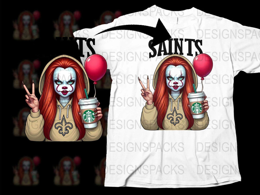 Horror Clown Graphic T-Shirt, Saints Fan Art Tee, Scary Clown with Coffee, Unique Halloween Apparel