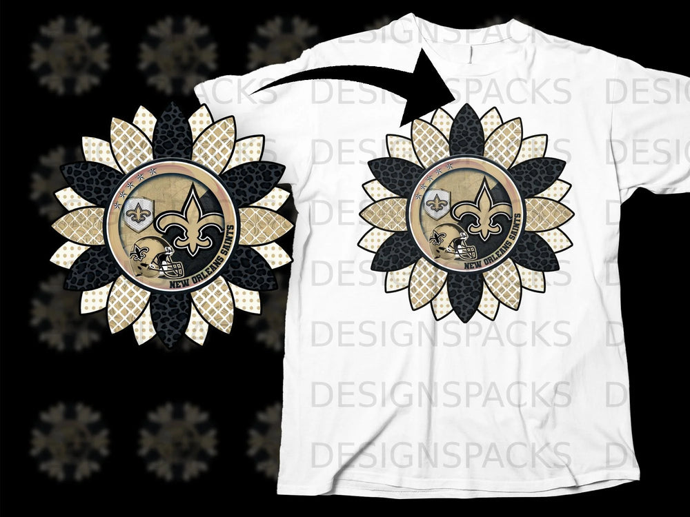 New Orleans Saints sunflower graphic with gold, black, and leopard print on a white t-shirt.