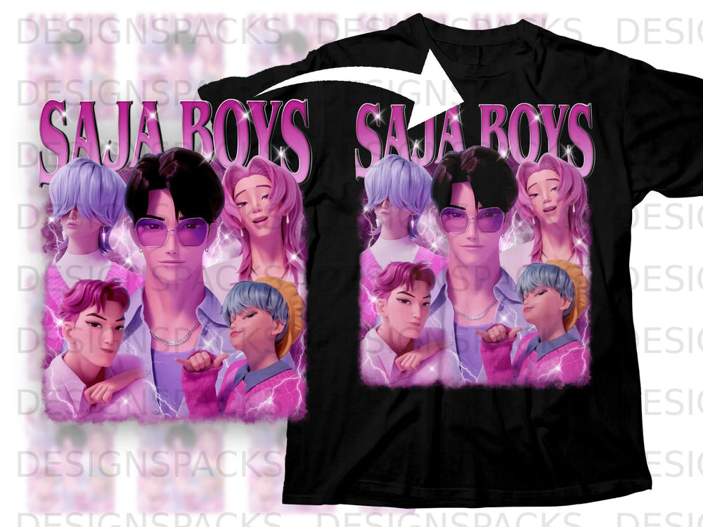 Black t-shirt featuring "SAJA BOYS" text and cartoon characters with pink and purple hair.