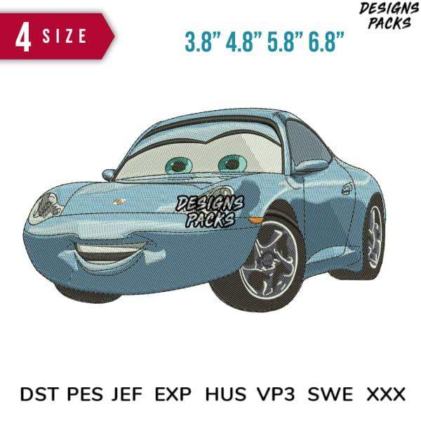 Blue cartoon car embroidery design with multiple sizes and file formats for instant download.