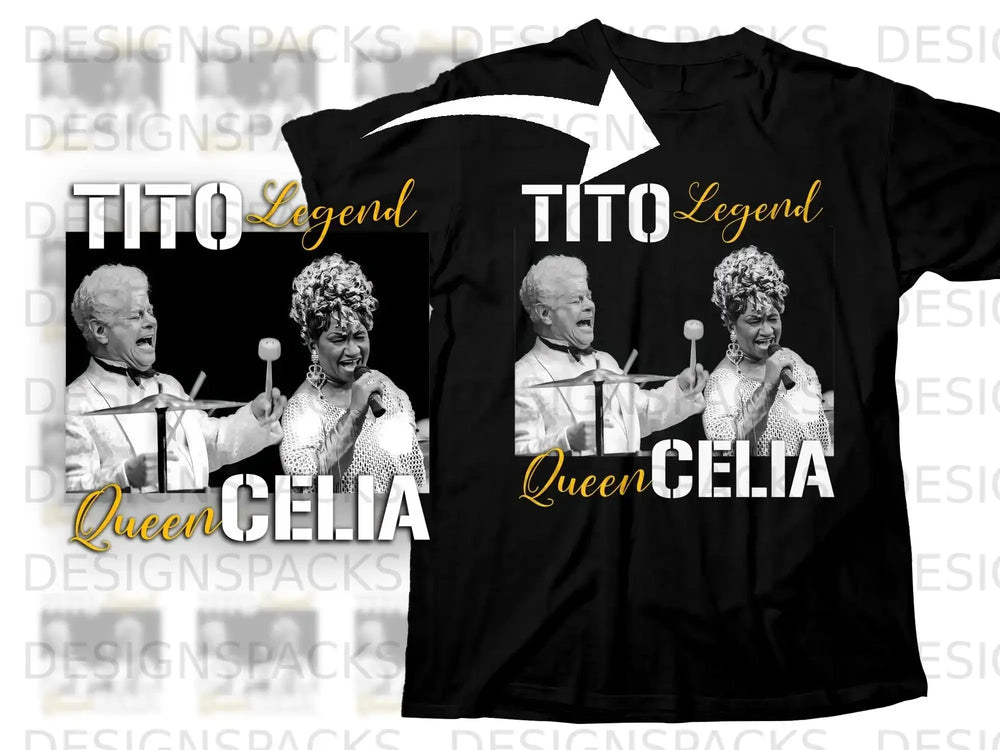 Tito Legend and Queen Celia graphic on a black t-shirt.