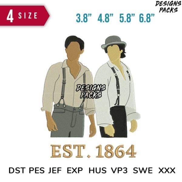 Vintage-style embroidery design of two figures in suspenders, available in 4 sizes and multiple formats for instant download.