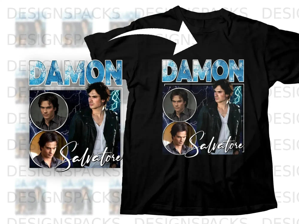 Black t-shirt featuring Damon Salvatore from The Vampire Diaries in a collage.