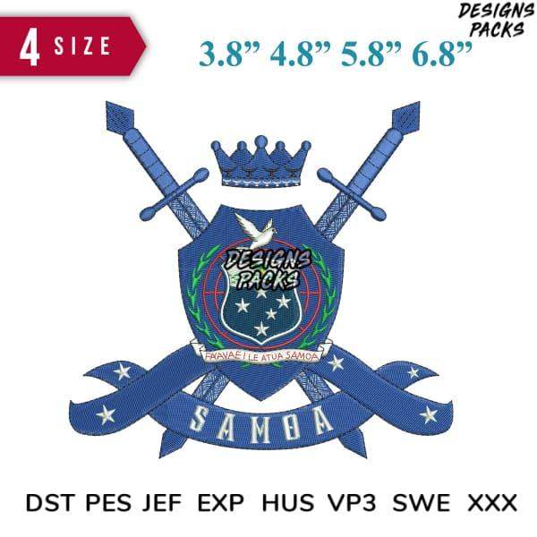 Samoa crest embroidery design with crossed swords, crown, and ribbon in 4 sizes, DTF/DTG ready formats