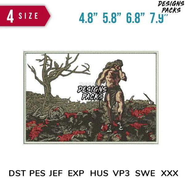 Embroidery design of zombie in graveyard, 4 sizes, PES DST JEF formats, print-ready for DTG/DTF