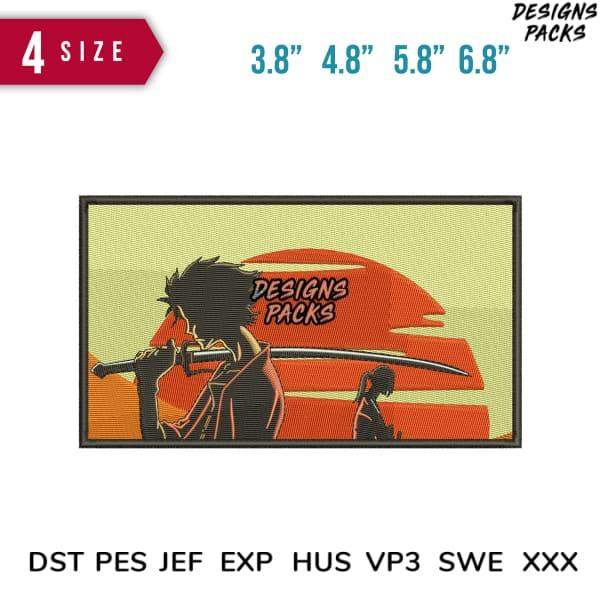 Anime samurai design for embroidery, available in DST PES JEF formats, 4 sizes