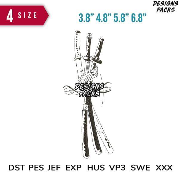 Samurai sword embroidery design in 4 sizes, DST PES formats for instant download