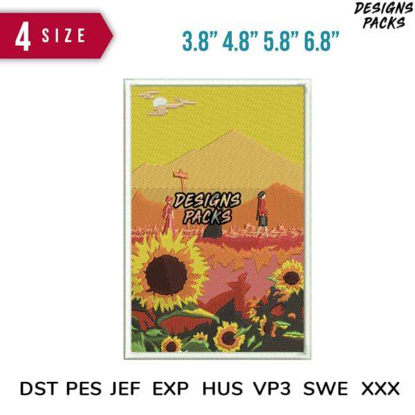 Sunflower field embroidery design with mountain backdrop, available in 4 sizes and multiple formats