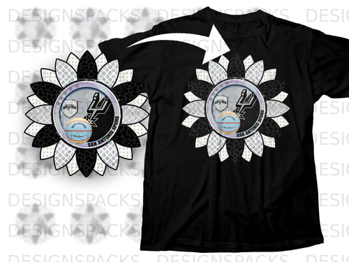 Black t-shirt with a San Antonio Spurs sunflower logo and basketball.