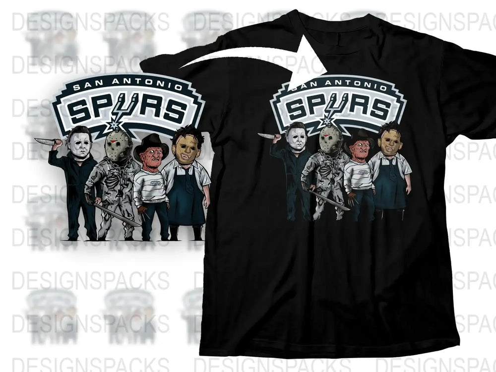 San Antonio Spurs Horror Movie Characters Themed T-Shirt, Unique Graphic Tee, Halloween Inspired, Men's Fashion Shirt