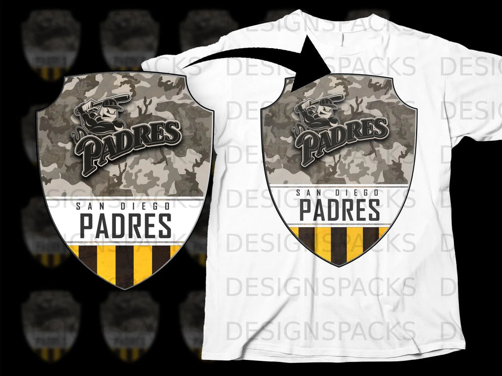 San Diego Padres camouflage shield logo with baseball player on white t-shirt.