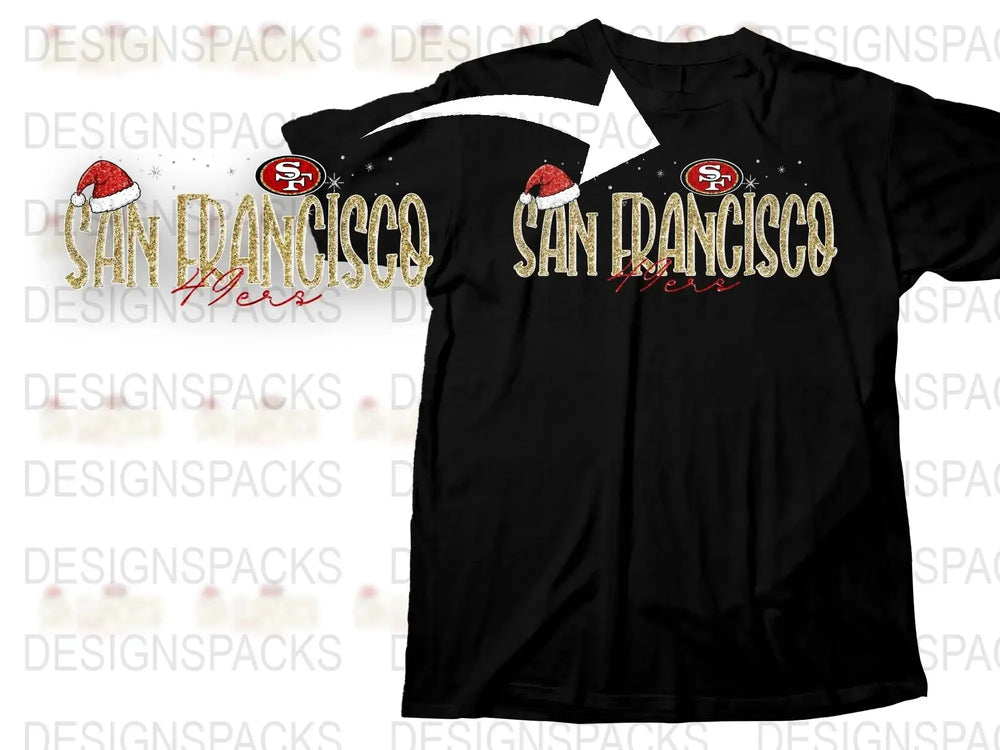 San Francisco 49ers Christmas T-Shirt, Holiday Santa Hat Team Logo Tee, Festive Sports Fan Apparel, Unisex Black Cotton Shirt