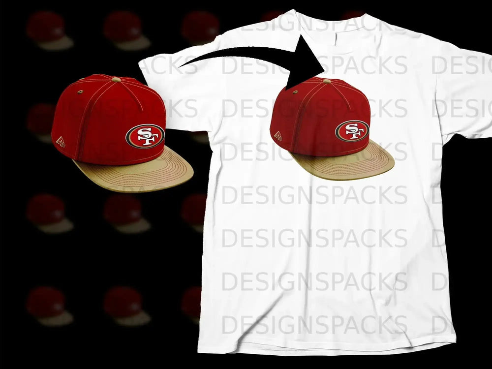 Red Cap with Yellow Brim Graphic on White T-Shirt