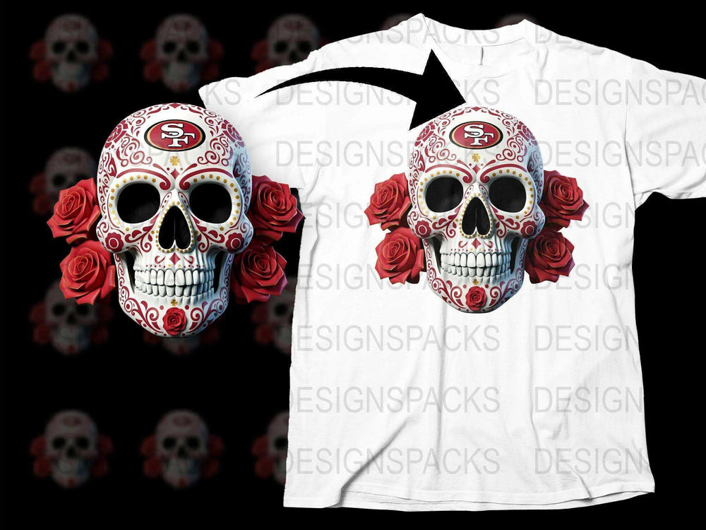 Sugar Skull T-Shirt with Red Roses, Day of the Dead Cotton Tee, Men's Women's Goth Fashion, Unique Halloween Apparel