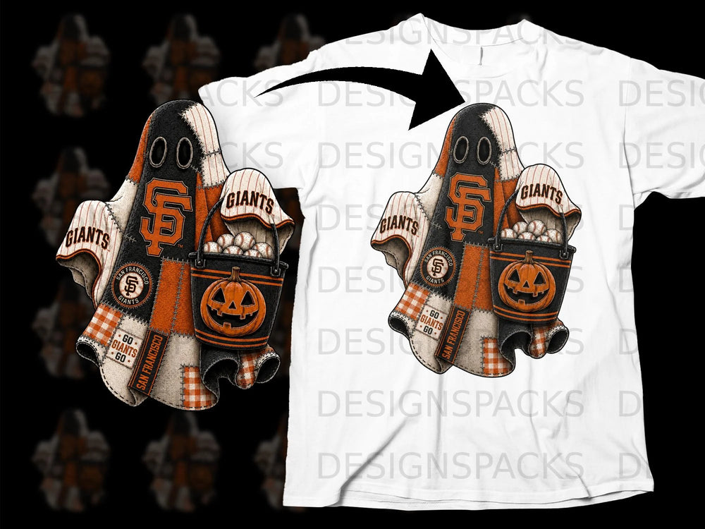 San Francisco Giants Halloween ghost with pumpkins, baseballs, and plaid accents.