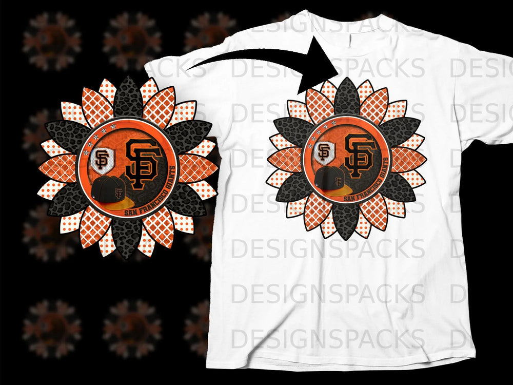 San Francisco Giants sunflower graphic with logo and baseball cap on white t-shirt.