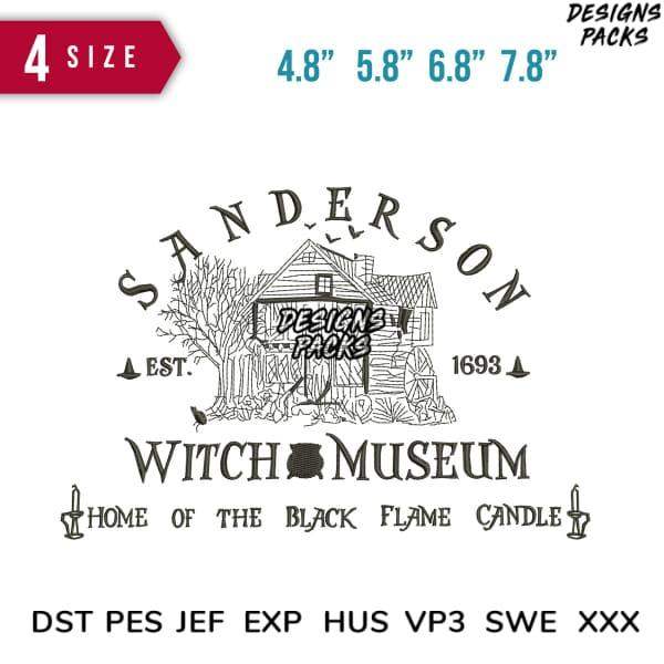 Witch Museum design for embroidery, featuring vintage house, black flame candle, and multiple file formats.