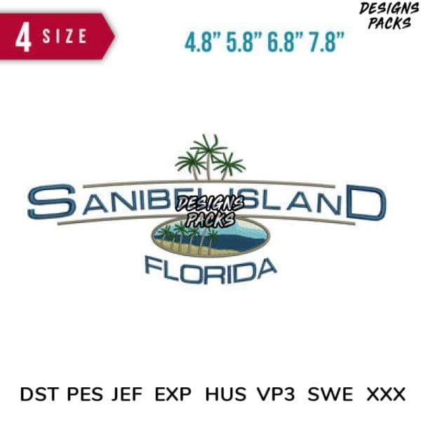 Sanibel Island Florida embroidery design with palm trees, available in 4 sizes and multiple formats